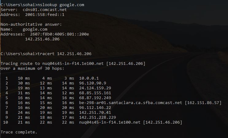 Windows TraceRt to Google.com