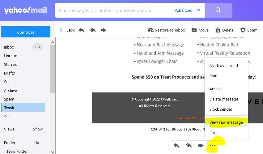How to view raw Yahoo email message.
