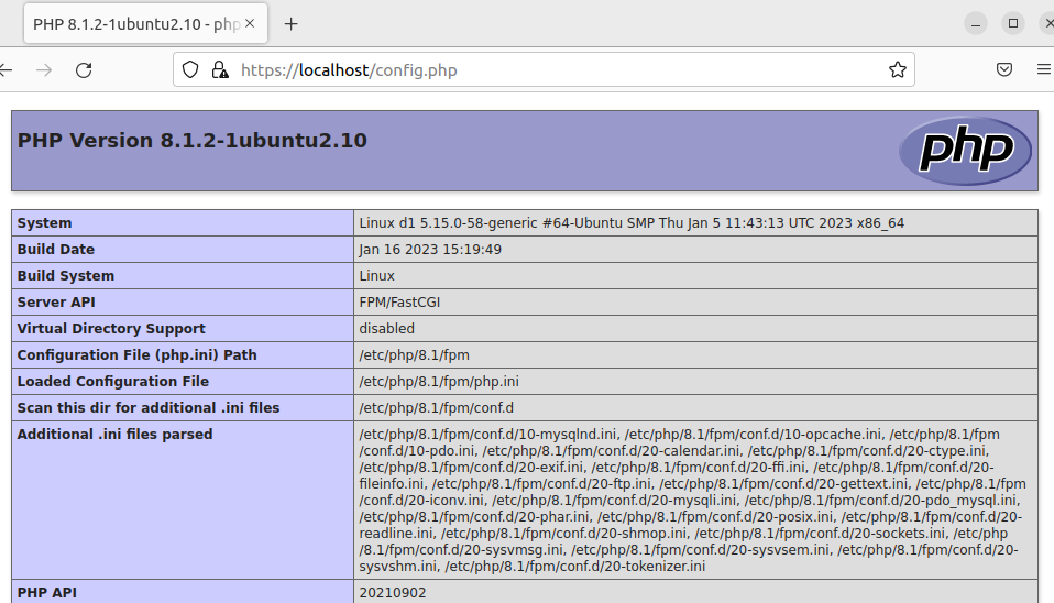 NGINX with SSL on Ubuntu showing PHP Configuration Info